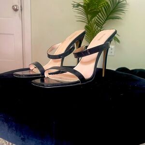 PLT Black Patent Square Toe Mule Sandal Heels